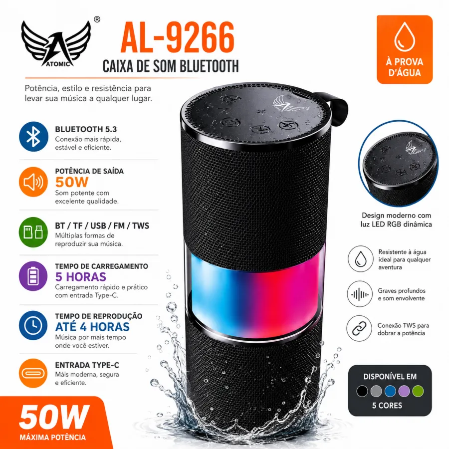 AL-9266 50W防水蓝牙音响，5.3寸，支持BT/TF/USB/FM/7WS，续航4小时