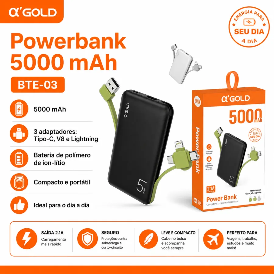 αGOLD 5000mAh移动电源 BTE-03，支持Type-C、V8和Lighting接口，便携设计