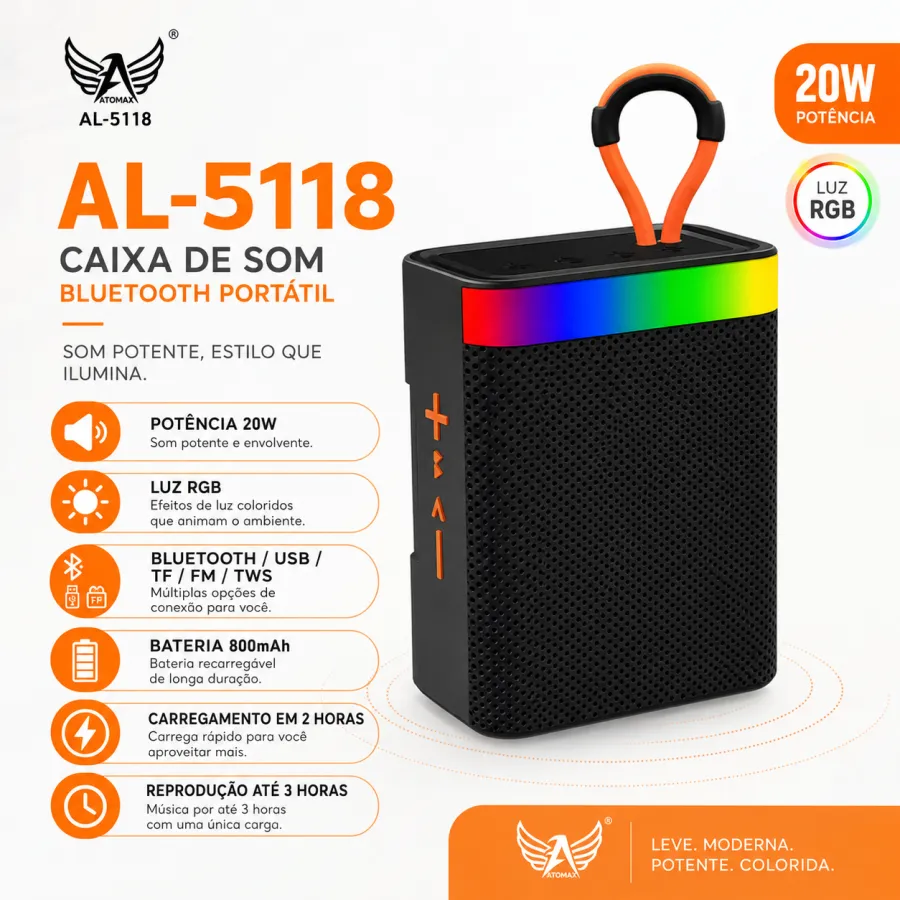 AL-5118 20W RGB蓝牙音响，600mAh电池，支持USB/TF/FM/TWS，三小时续航
