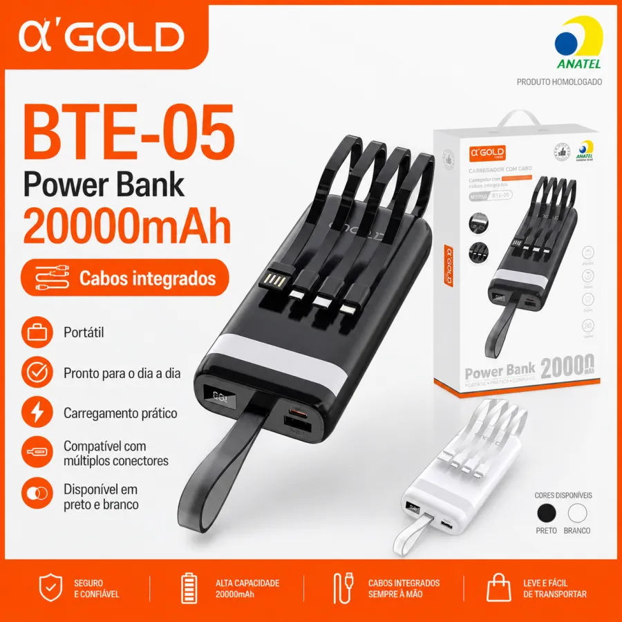 α-GOLD 20000mAh移动电源 BTE-05，黑色/白色，双USB输出，便携设计
