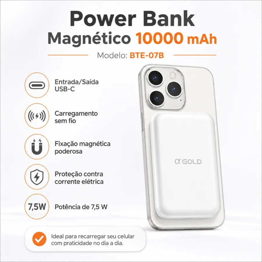 Bte-07b αGOLD PRO移动电源，10000mAh，USB-C接口，无线充电，磁吸设计