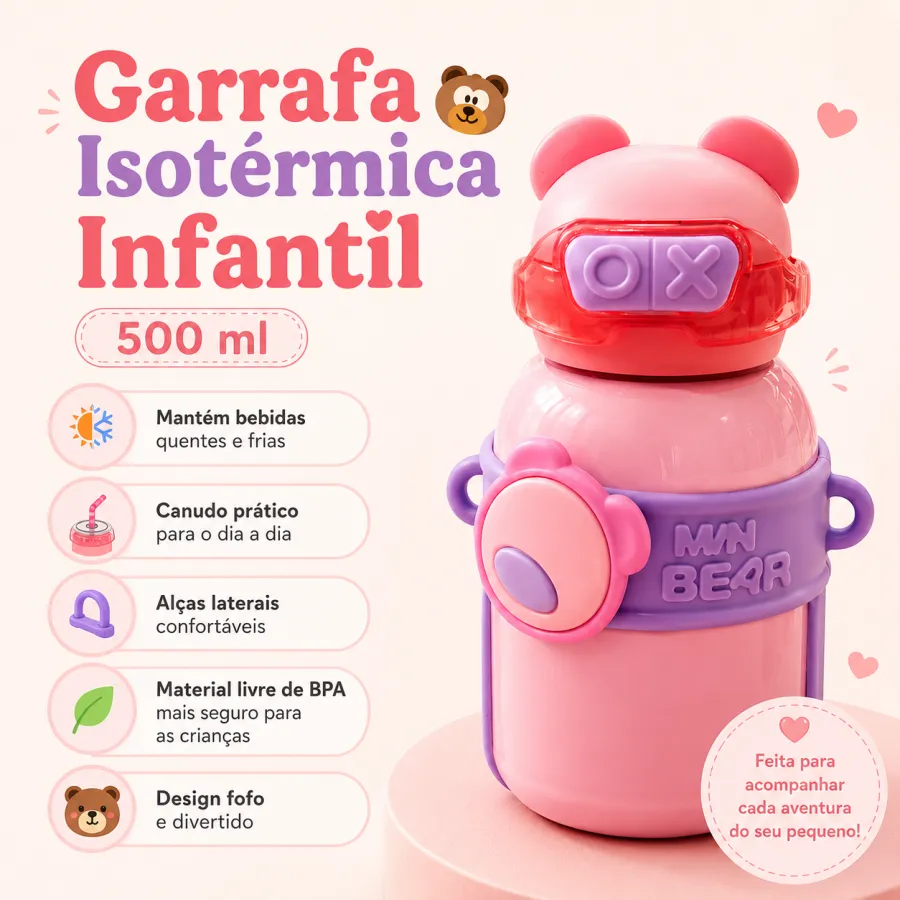 GDR1053 500ml 保温瓶，卡通熊设计，适合儿童，便携式
