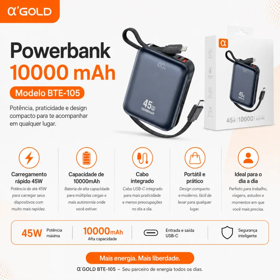 αGOLD 10000mAh移动电源 BTE-105，45W快充，蓝色