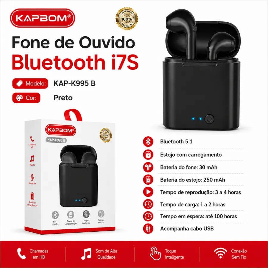 Kapbom kap-k995 b 蓝牙耳机 I7S 黑色，续航20小时，适用于多种设备