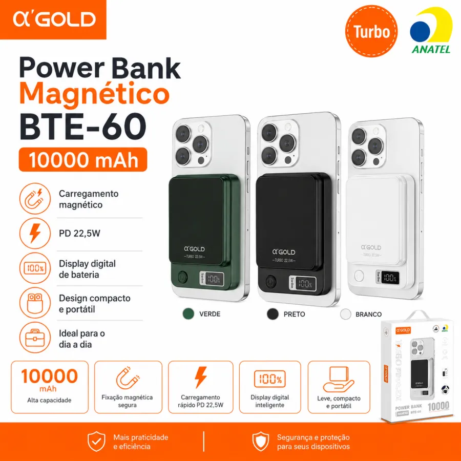 αGOLD BTE-60 10000mAh磁吸移动电源，PD 22.5W快充，三种颜色可选