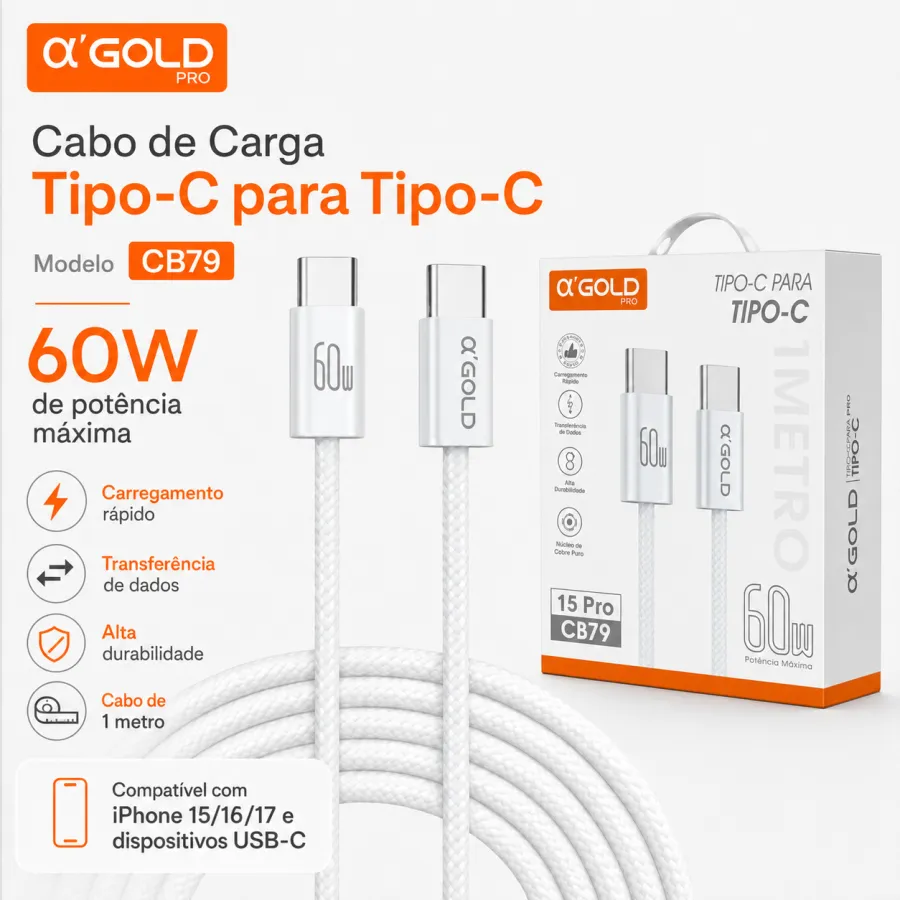 αGOLD 60W快充数据线，1米，适用于iPhone 15/16/17，Type-C接口