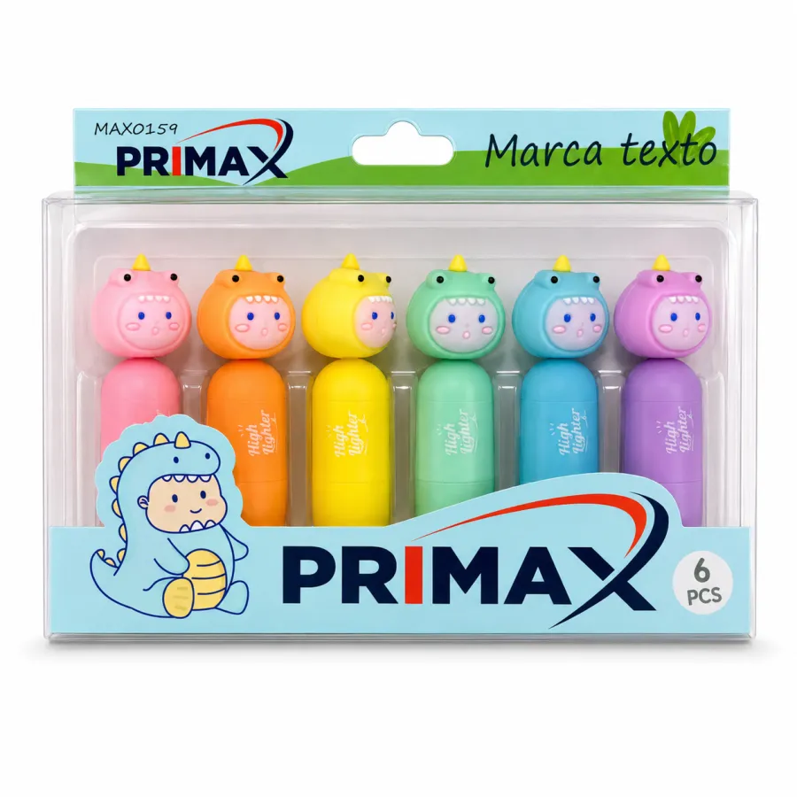 PRIMAX可爱恐龙荧光笔6支装，颜色丰富，适合学生和办公使用