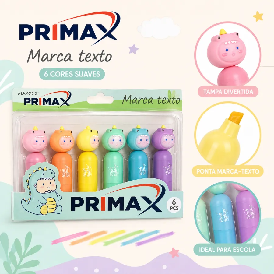 PRIMAX可爱恐龙荧光笔6支装，颜色丰富，适合学生和办公使用