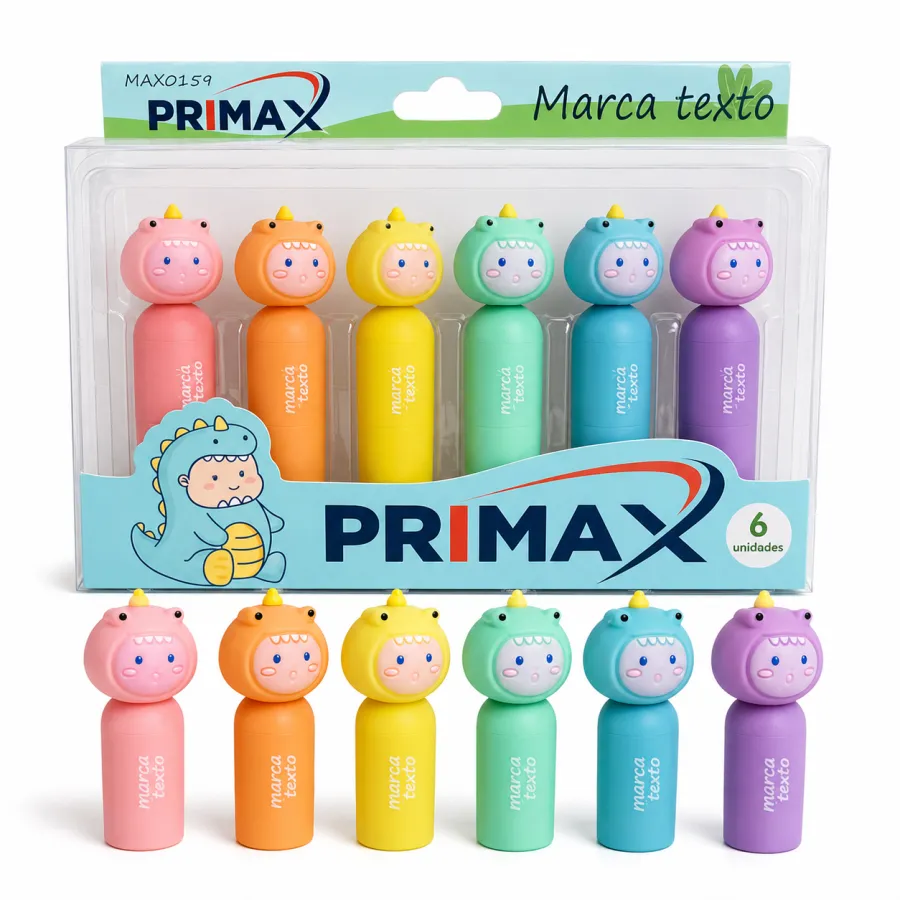 PRIMAX可爱恐龙荧光笔6支装，颜色丰富，适合学生和办公使用