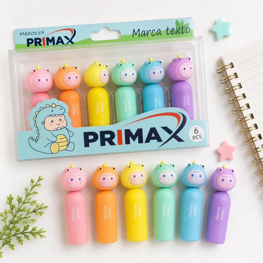 PRIMAX可爱恐龙荧光笔6支装，颜色丰富，适合学生和办公使用