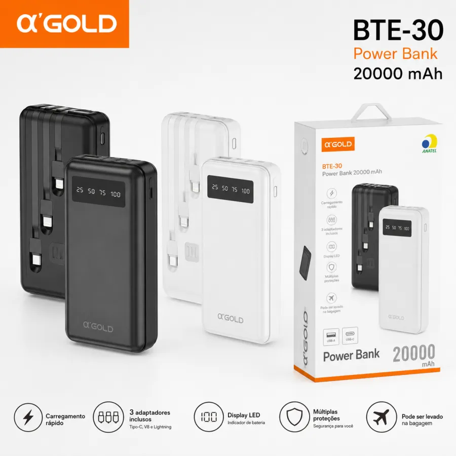 αGOLD BTE-30 20000mAh移动电源，支持TYPE-C、V8和Lighting接口，黑白双色可选