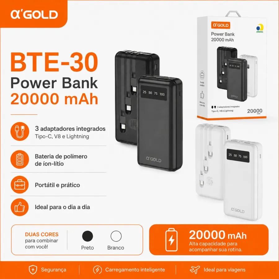 αGOLD BTE-30 20000mAh移动电源，支持TYPE-C、V8和Lighting接口，黑白双色可选