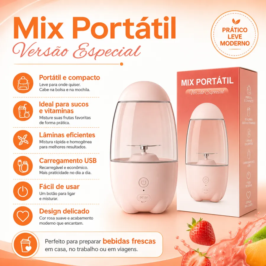 便携式榨汁机 MIX PORTÁTIL，粉色/蓝色，轻巧设计，适合家庭和旅行使用