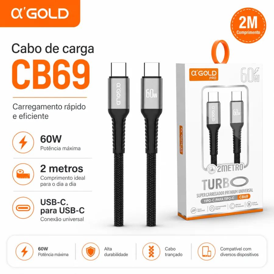 CB69 α'GOLD 60W TIPO-C充电线 2米 黑色