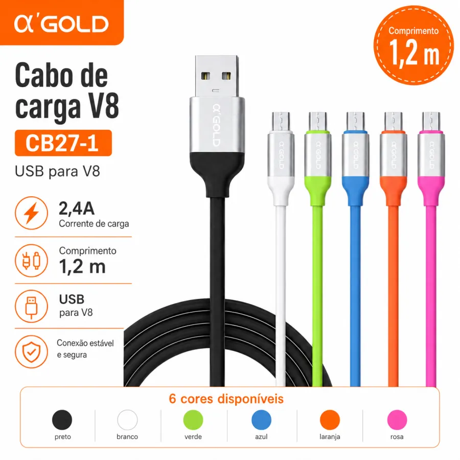 αGOLD 1.2米V8充电线，2.4A，黑色，适用于多种设备
