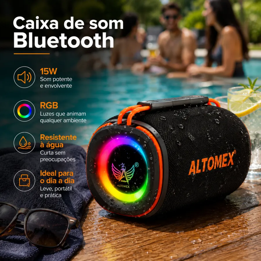 Al-9992 ALTOMAX 15W RGB防水蓝牙音响，1500mAh，支持TF/USB/AUX/FM/TWS