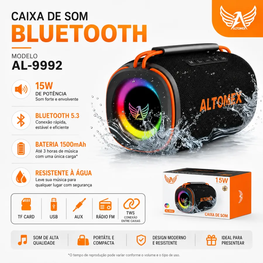 Al-9992 ALTOMAX 15W RGB防水蓝牙音响，1500mAh，支持TF/USB/AUX/FM/TWS