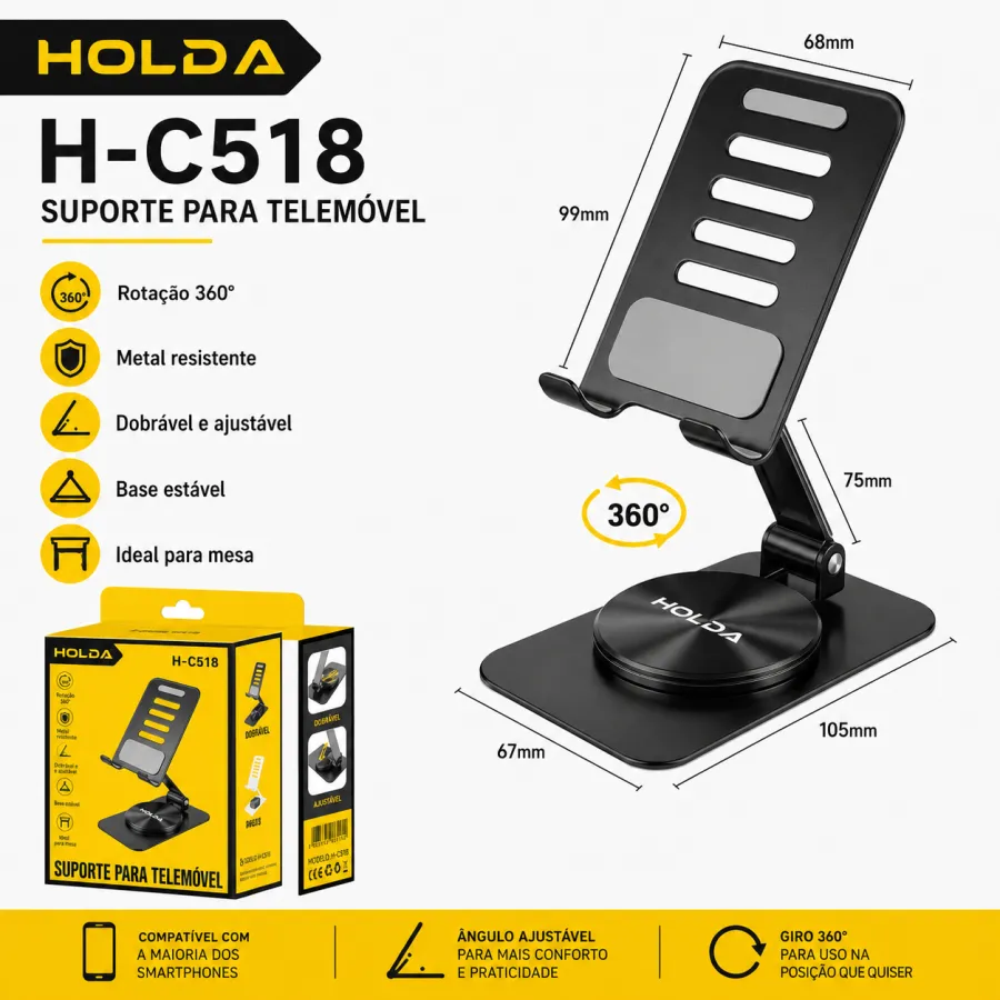 HOLDA H-C518 磁素钢360度旋转桌面支架，适用于手机和平板，黑色