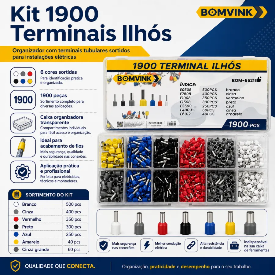 BOMVINK 1900个终端接头套件，包含多种颜色和规格，适用于电气连接