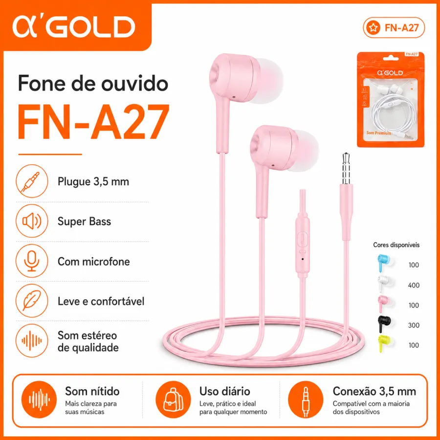 α'GOLD FN-A27 耳机 3.5mm插头 超重低音 带麦克风 粉色