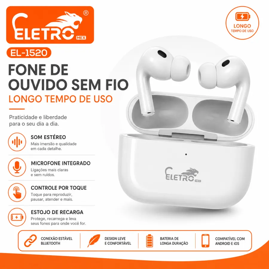 Eletro EL-1520 无线耳机，长时间使用，白色