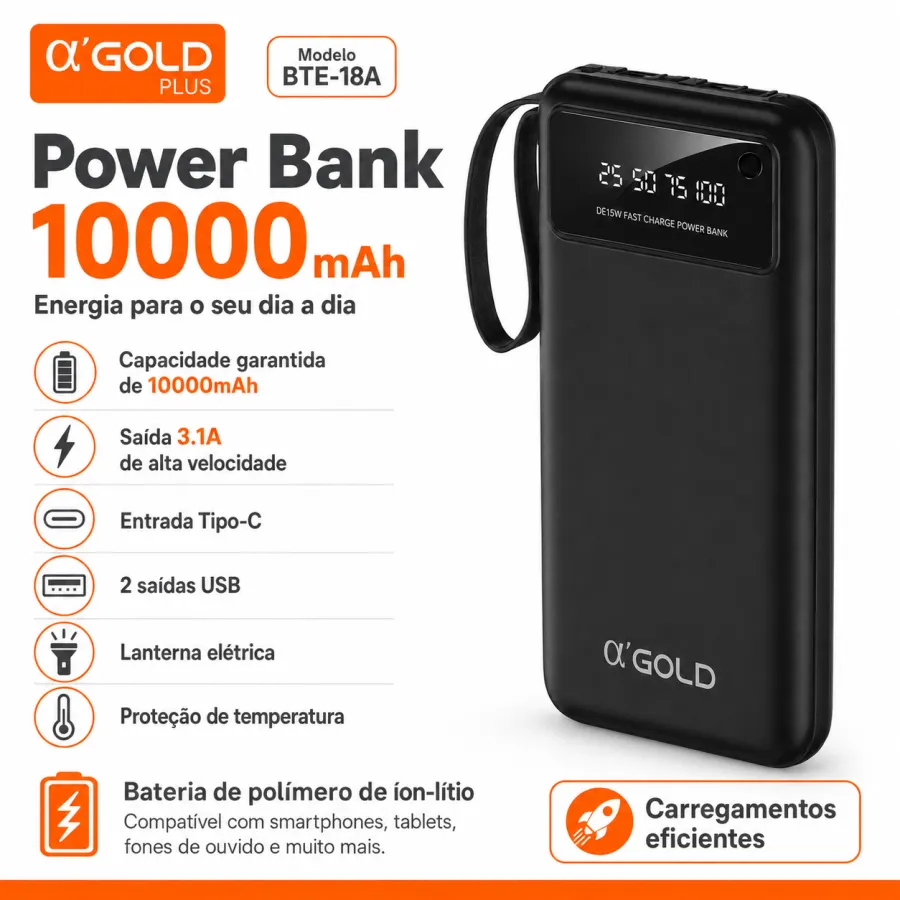 αGOLD 10000mAh移动电源，锂聚合物，带LED手电筒，型号BTE-18A