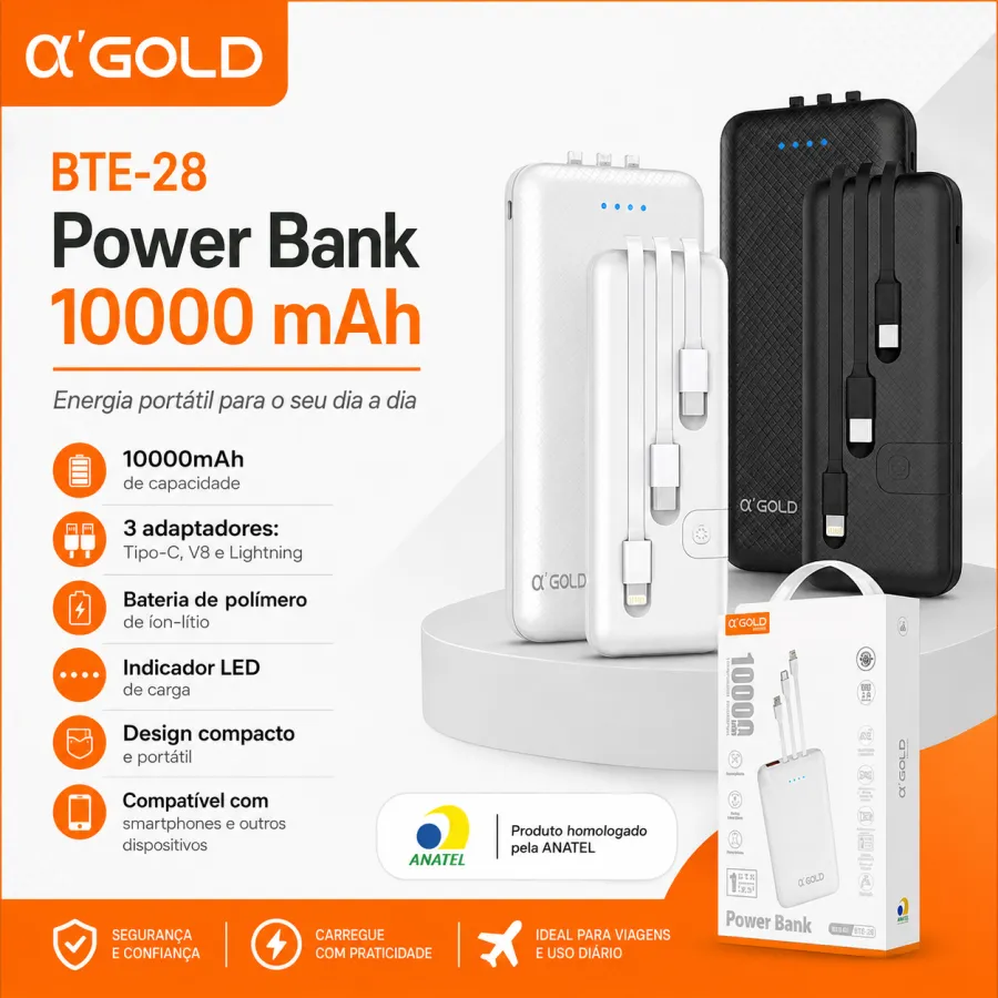 Bte-28 α'GOLD 10000mAh移动电源，支持USB、Lightning和Type-C，便携设计