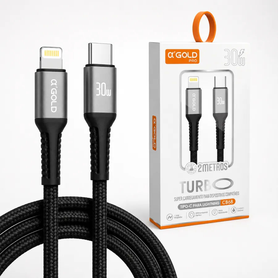 CB68 α’GOLD 30W快充数据线，2米，Type-C转Lightning，适用于苹果设备