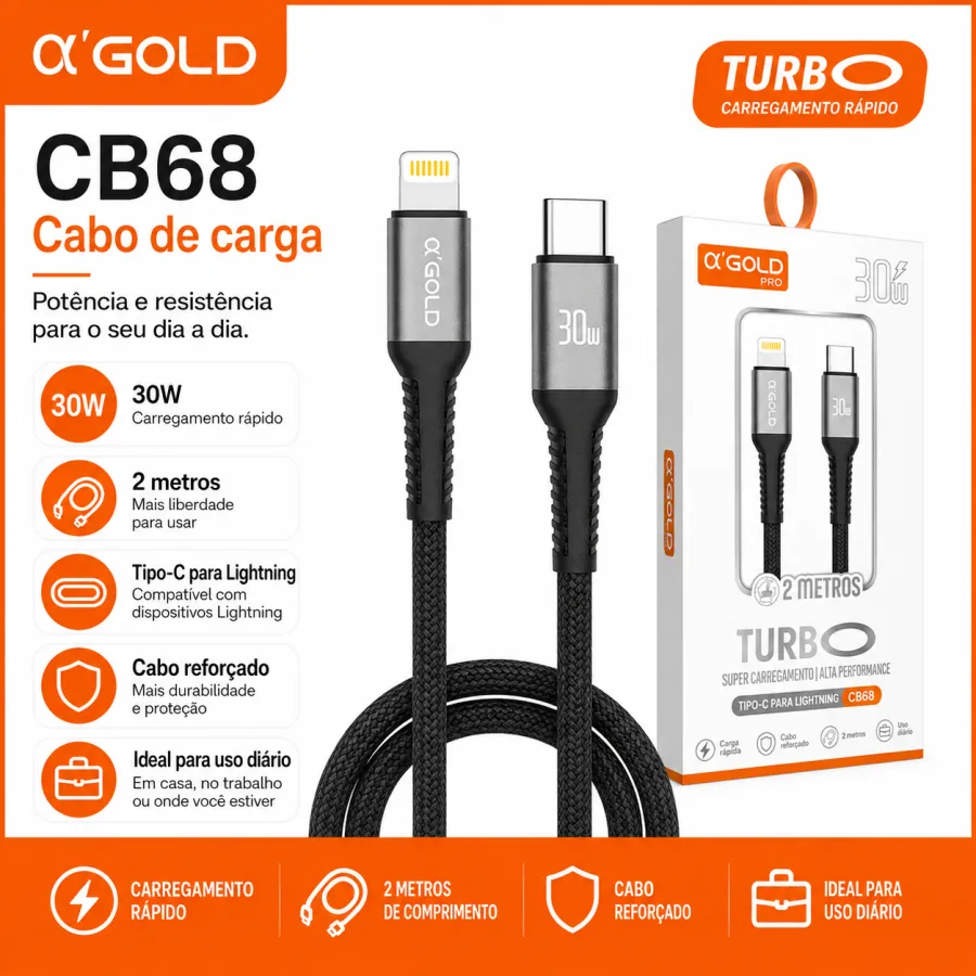 CB68 α’GOLD 30W快充数据线，2米，Type-C转Lightning，适用于苹果设备