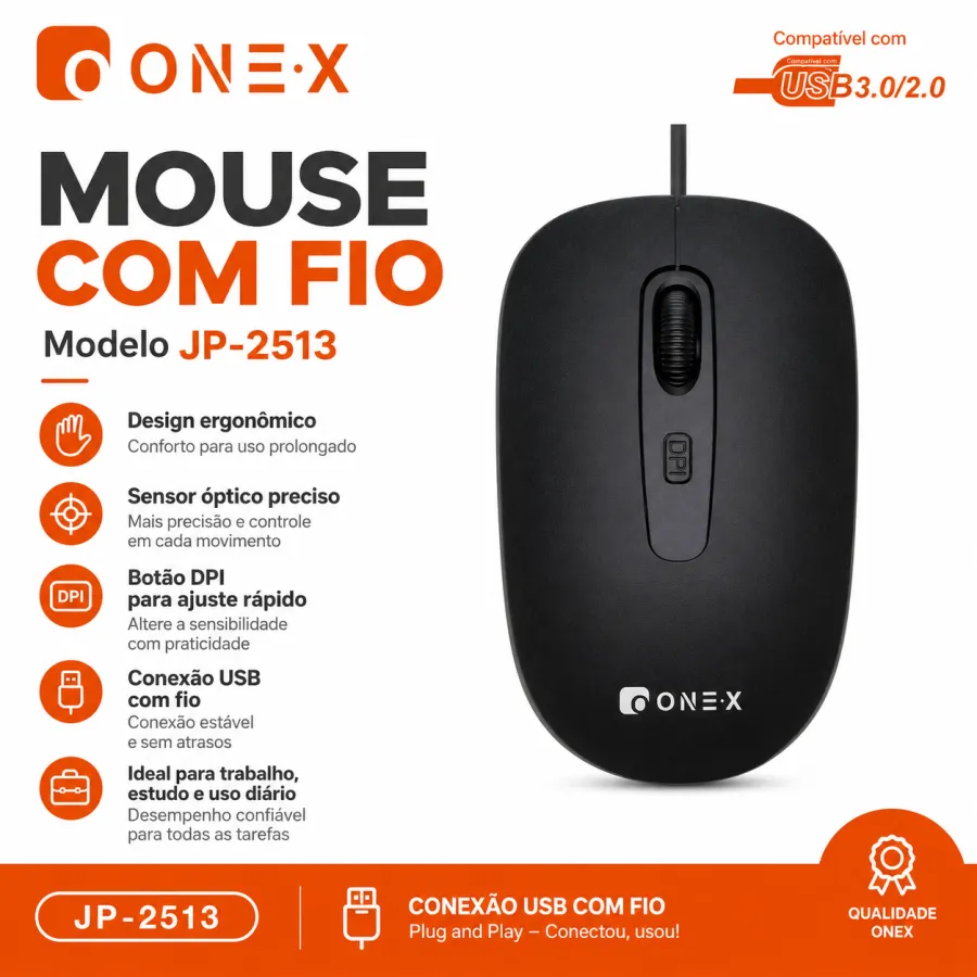 ONEX JP-2513 USB有线鼠标，黑色，舒适握持，适用于办公和游戏