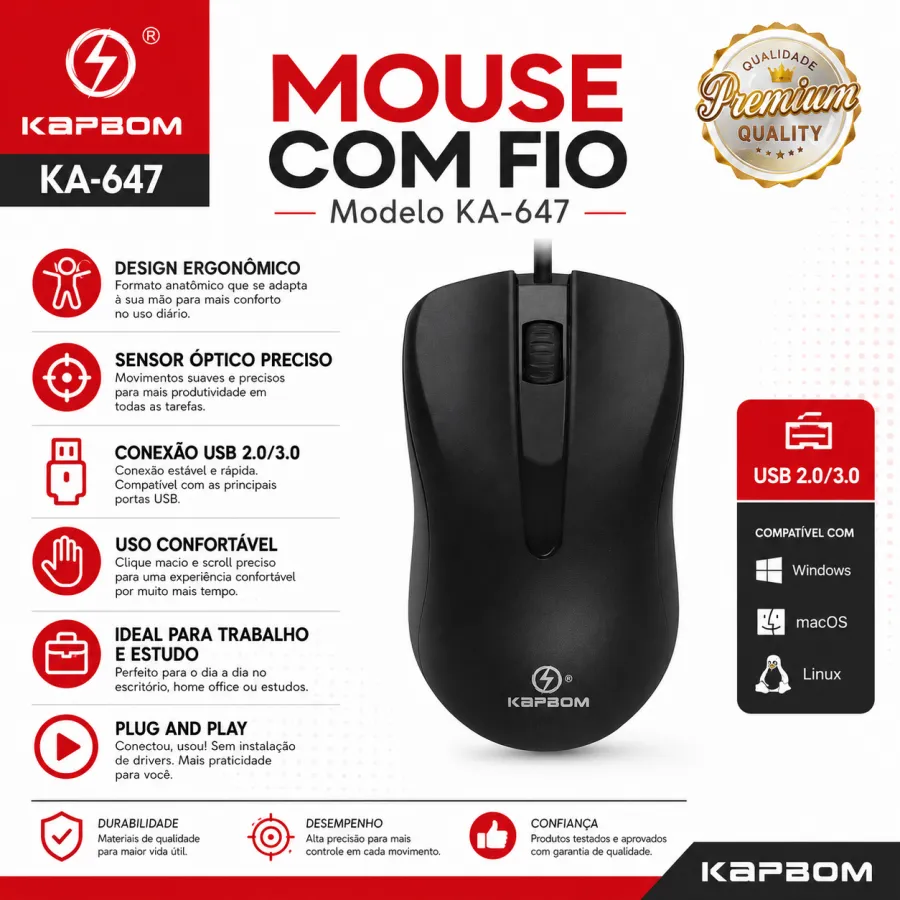KAPBOM KA-647 USB有线鼠标，黑色，适用于游戏和办公，优质设计