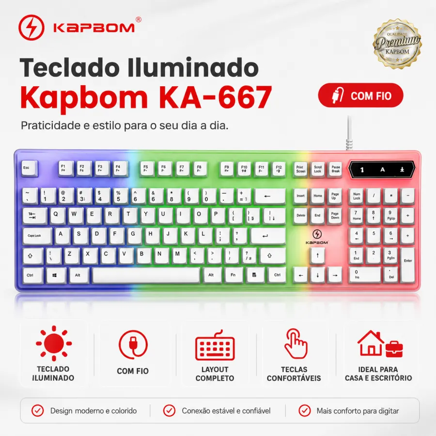KAPBOM KA-667 彩色背光键盘，适用于电脑，时尚设计，静音按键