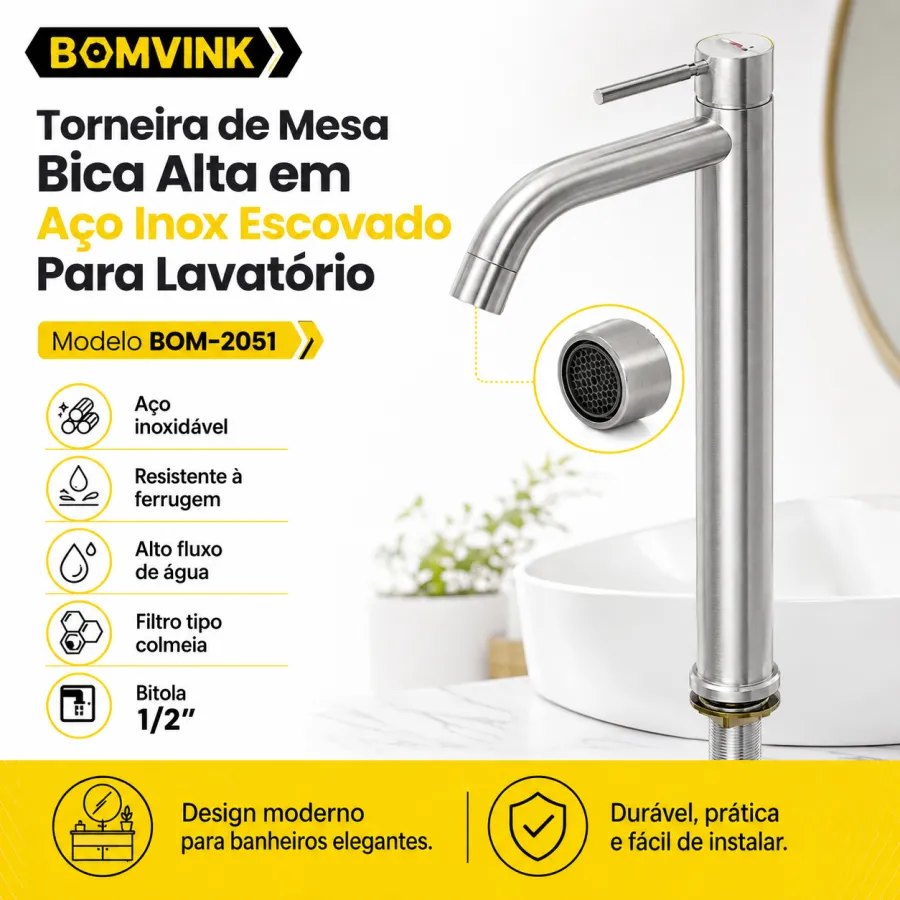 BOMVINK 不锈钢高弯水龙头 适用于洗手盆 1/2"