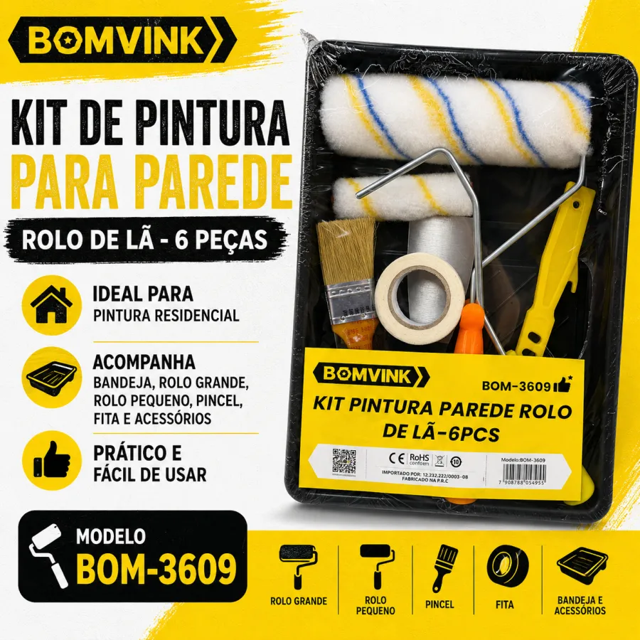 BOMVINK墙面涂料套件6件装，包含滚筒、刷子、胶带等工具