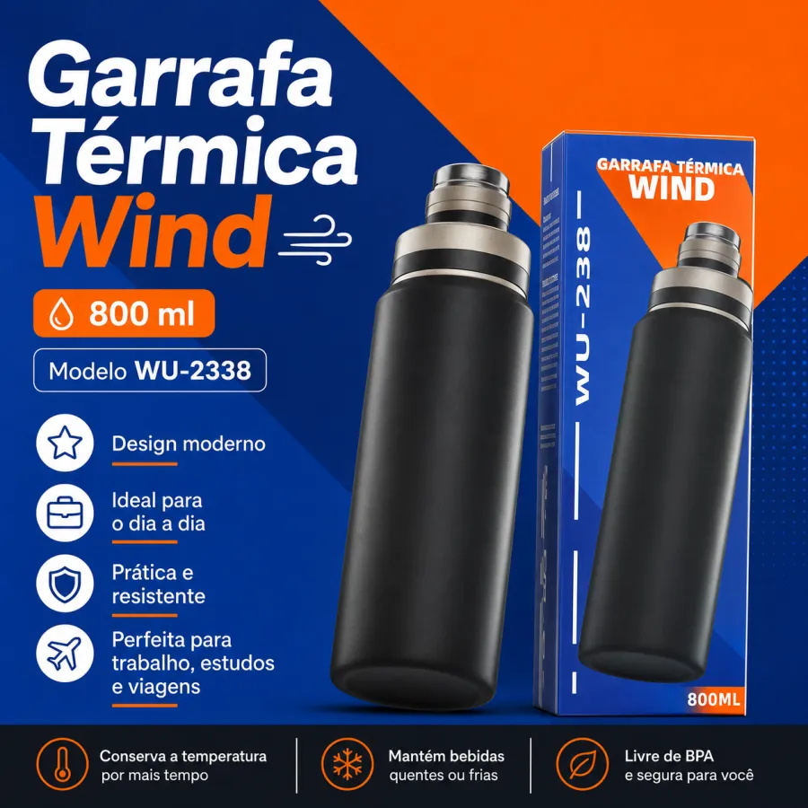 WIND品牌800ML保温水壶，黑色，适合户外旅行