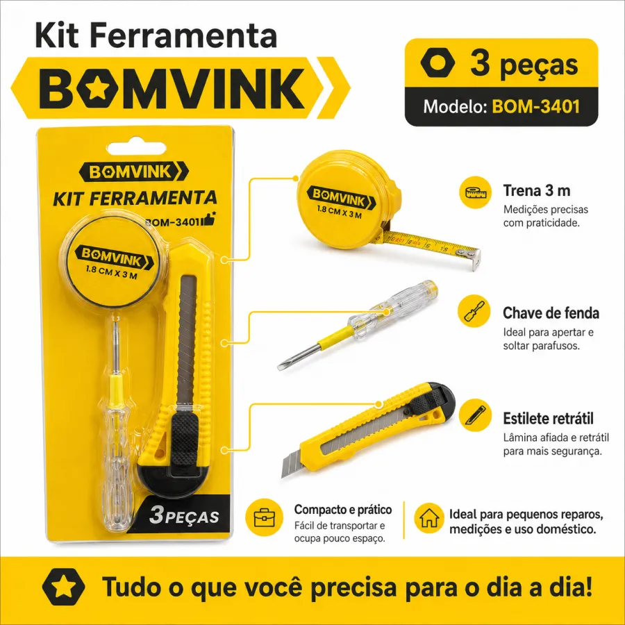 BOMVINK工具套件，包含1.8米卷尺、螺丝刀和刀具，3件套