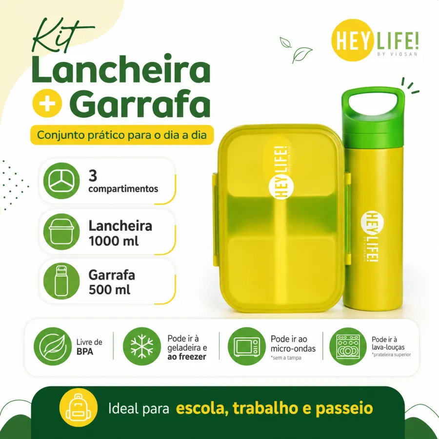 HEY LIFE! 三格便当盒与水瓶套装，绿色，适合午餐和外出