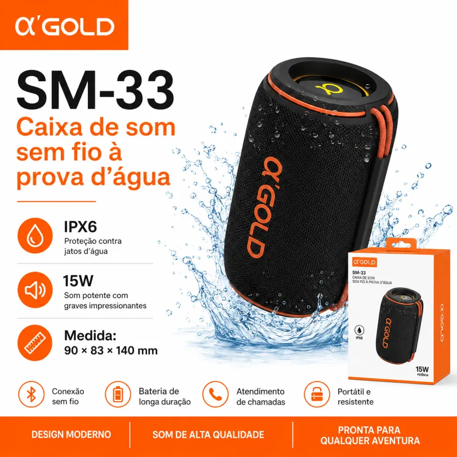 α GOLD SM-33 无线蓝牙音箱，15W，IPX6防水，90*83*140mm