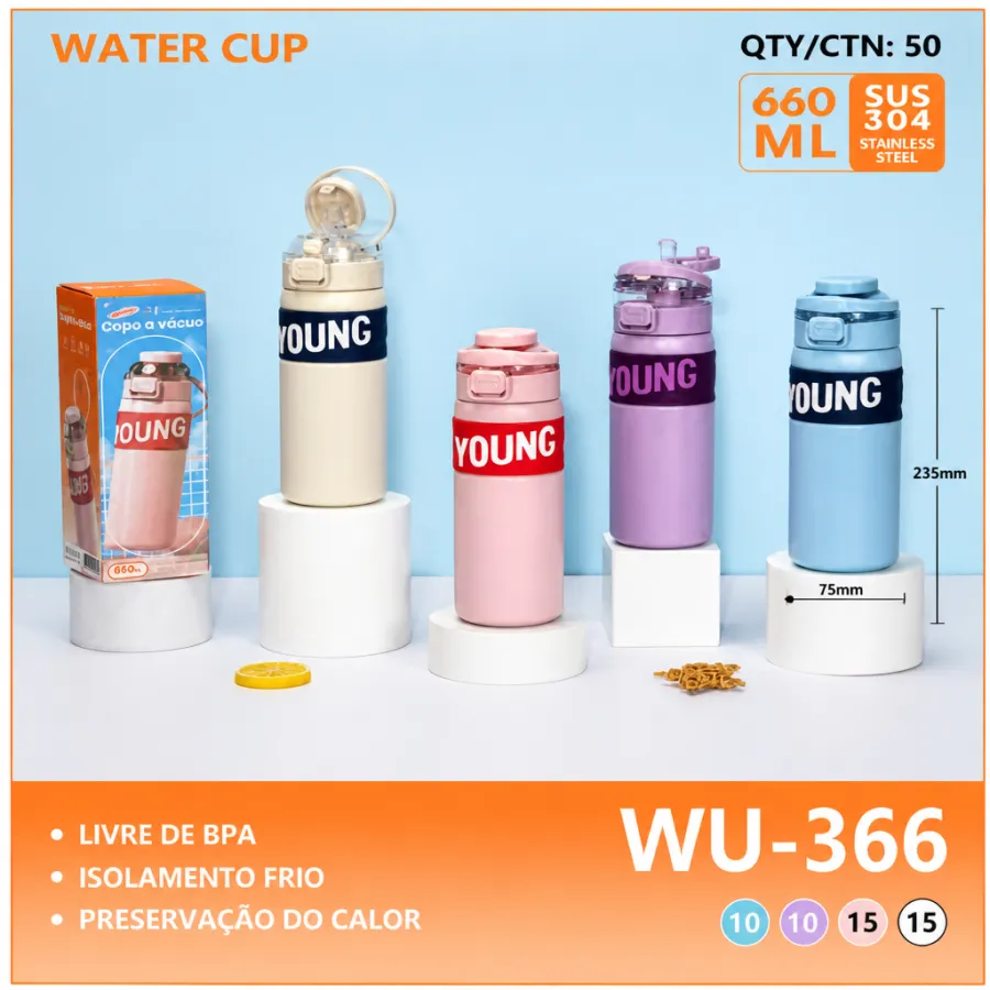 wu-366 304不锈钢水杯，660毫升，防漏设计，适合户外运动，颜色多样