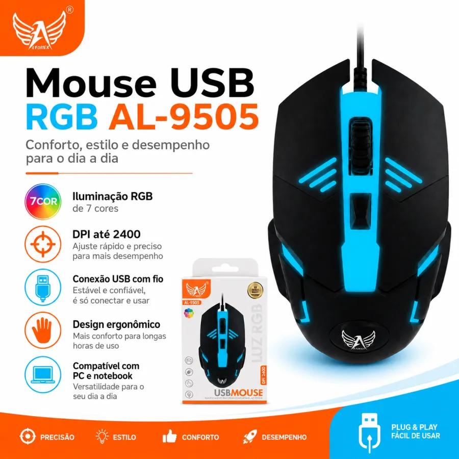 Ltomex AL-9505 RGB USB鼠标，7种颜色，舒适设计，适合游戏和办公