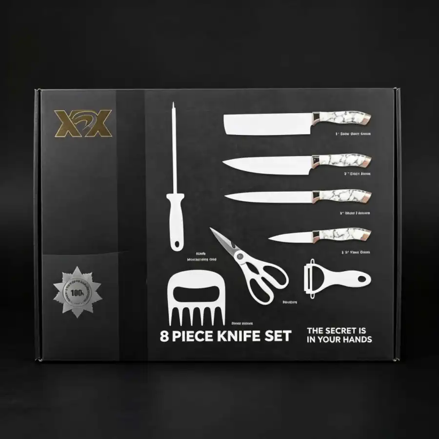 8件套刀具套装，包含多种刀具、剪刀和削皮器，适合厨房使用