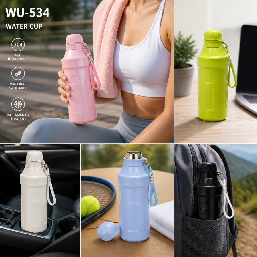 不锈钢水杯 500ml WU-534 多色可选，带挂绳，真空保温