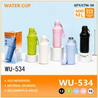 不锈钢水杯 500ml WU-534 多色可选，带挂绳，真空保温