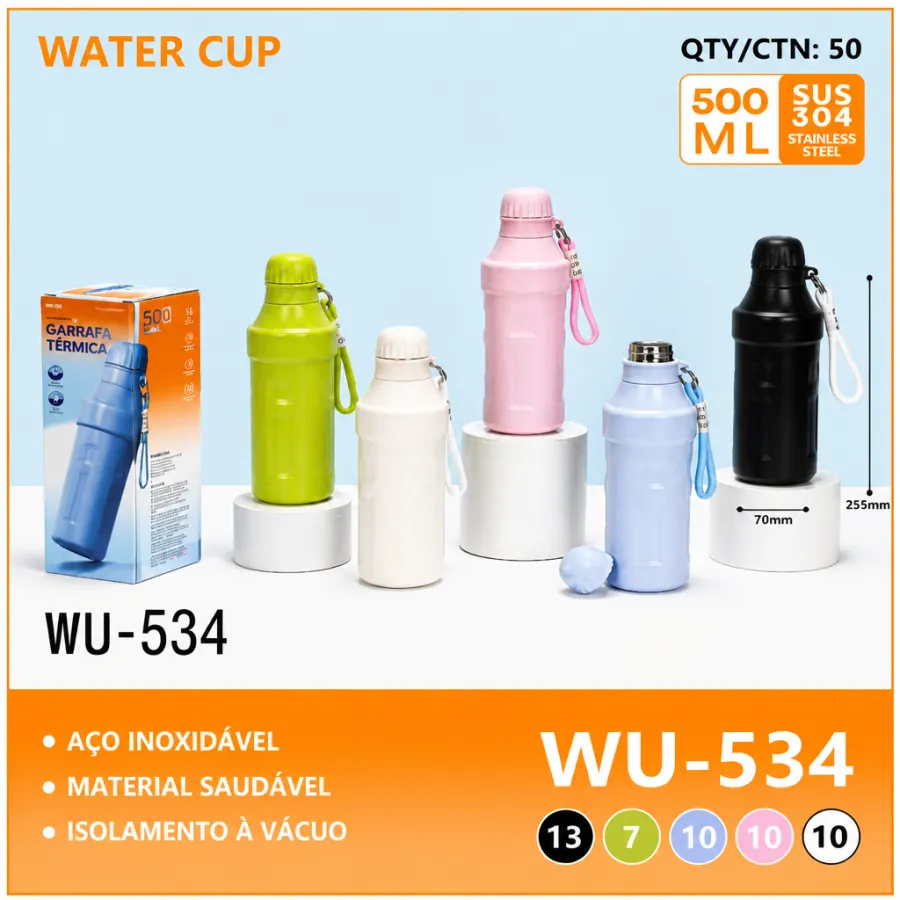 不锈钢水杯 500ml WU-534 多色可选，带挂绳，真空保温