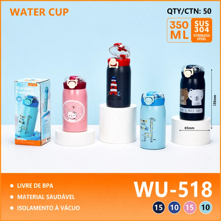 wu-518 304不锈钢水杯，350毫升，防漏设计，多种颜色可选，适合儿童和成人