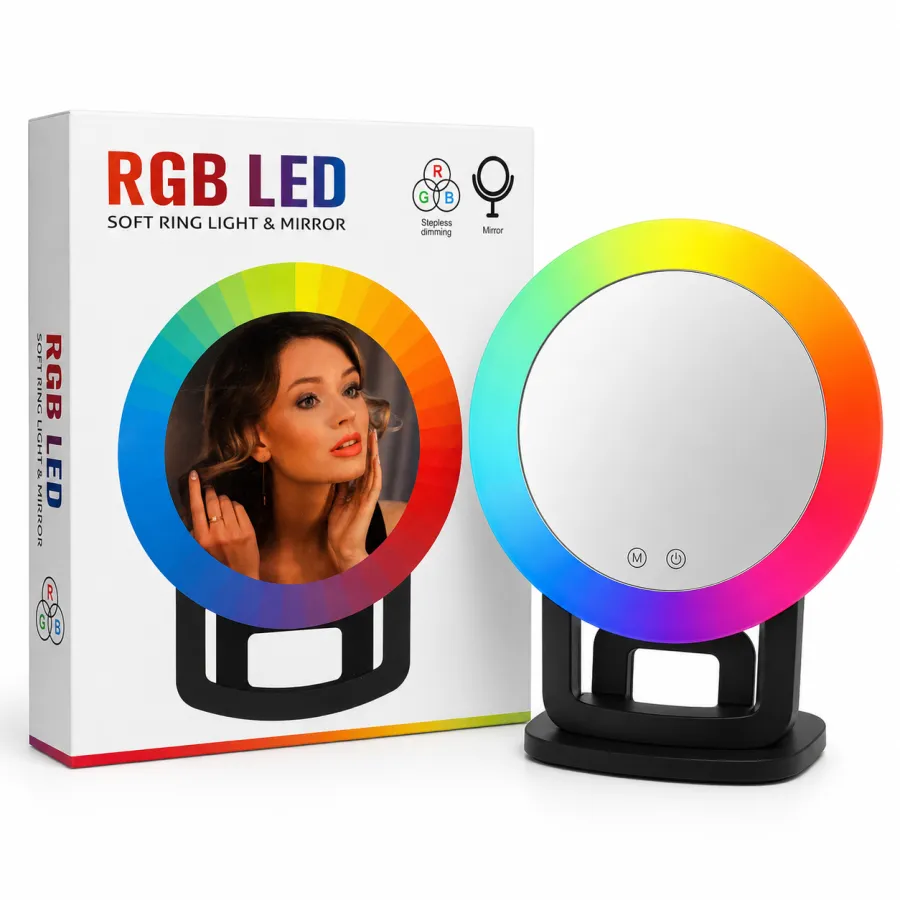 RGB LED柔光环形灯镜，调光功能，适合化妆和自拍