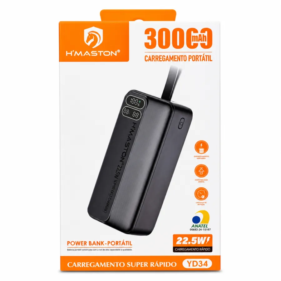 H'MASTON 30000mAh便携式快充移动电源，22.5W输出，YD34