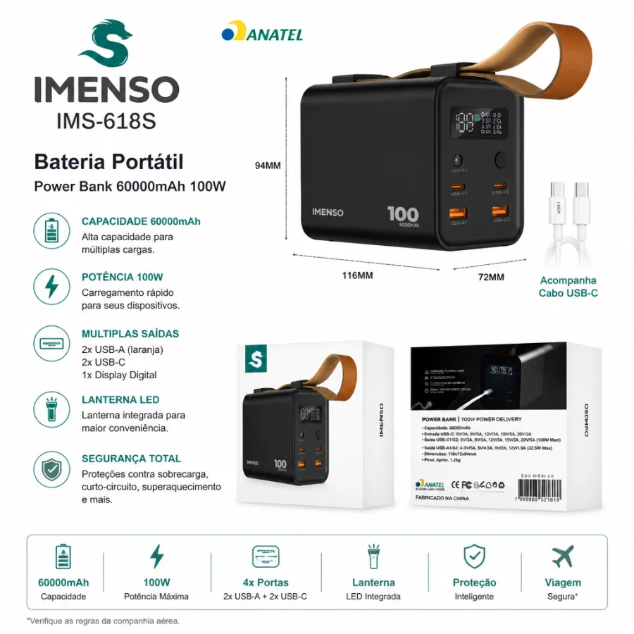 IMENSO便携式100W 60000mAh移动电源，带手电筒功能，型号IMS-618S