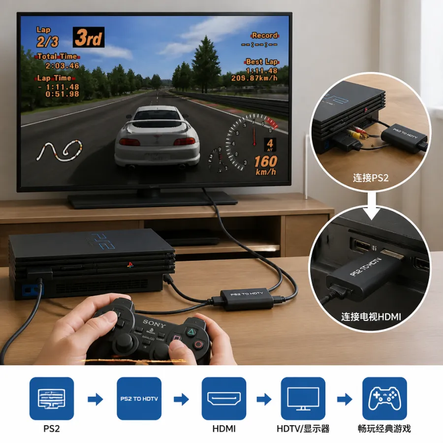 LUKTON PS2转HDTV转换器，游戏高清转换，便携设计