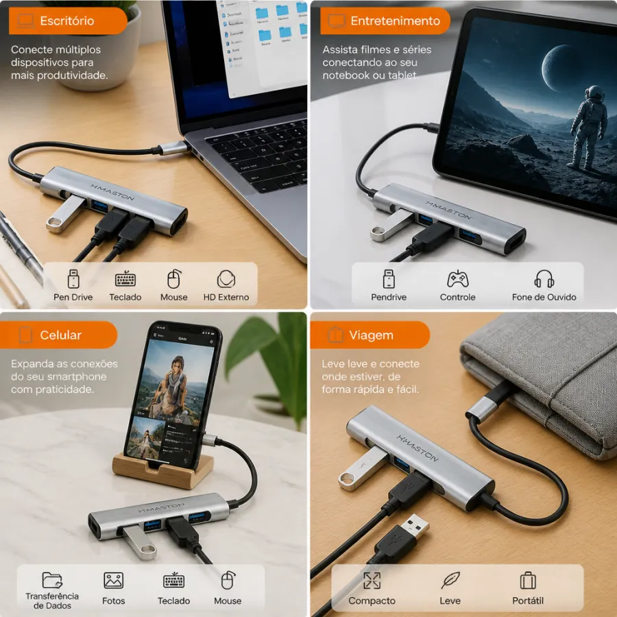 H'MASTON USB-C HUB集线器，4合1，包含USB 3.0和USB 2.0接口，适用于电脑